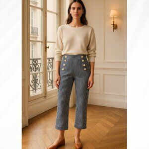 ☀️ Ann Taylor Blue White Pin Stripe Cotton Wide Leg High Rise Cropped Pants 0